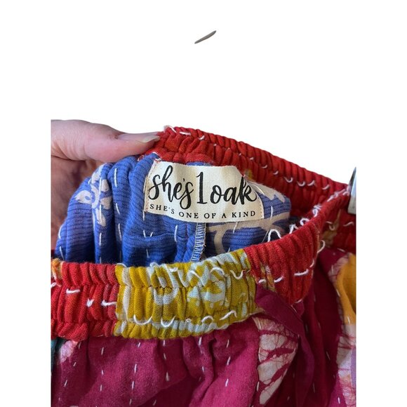 She's 1 OAK Boho Kantha Patchwork Wide-Leg Pants Vibrant Red & Blue O/S - Picture 3 of 3
